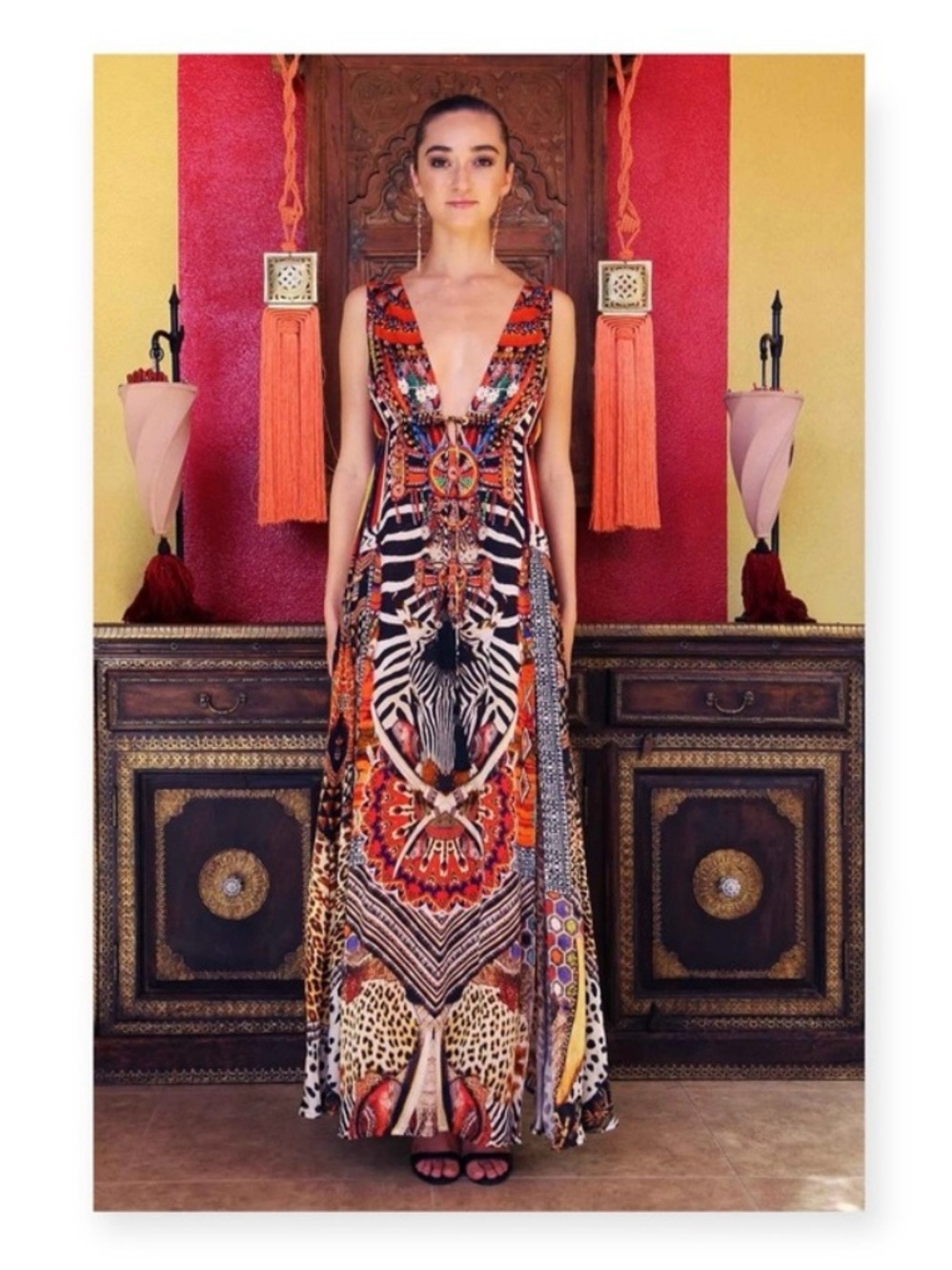 new Shahida Parides 𒀭 RHOBH Silk Crystal Tribal Print Maxi Dress 𒀭 Orange 00-12